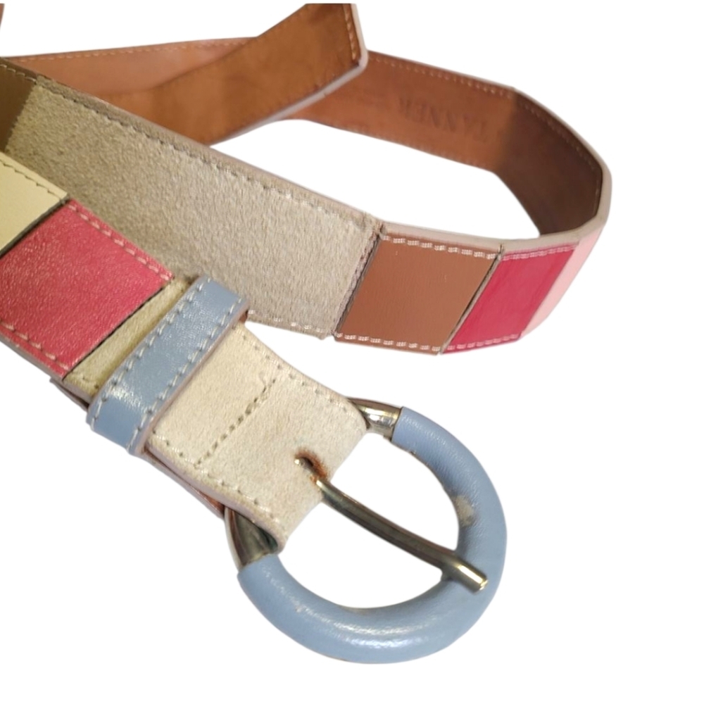 Tanner Beautiful Colorblock Genuine Leather Belt Womens Large Suede Patch ITALY‎
